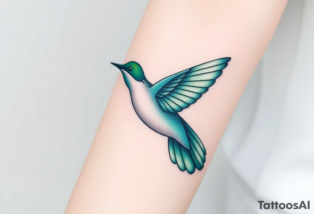 A hummingbird in iridescent green and blue shades, hovering near a blossoming flower, embodying endurance and positivity tattoo idea