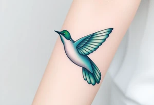 A hummingbird in iridescent green and blue shades, hovering near a blossoming flower, embodying endurance and positivity tattoo idea