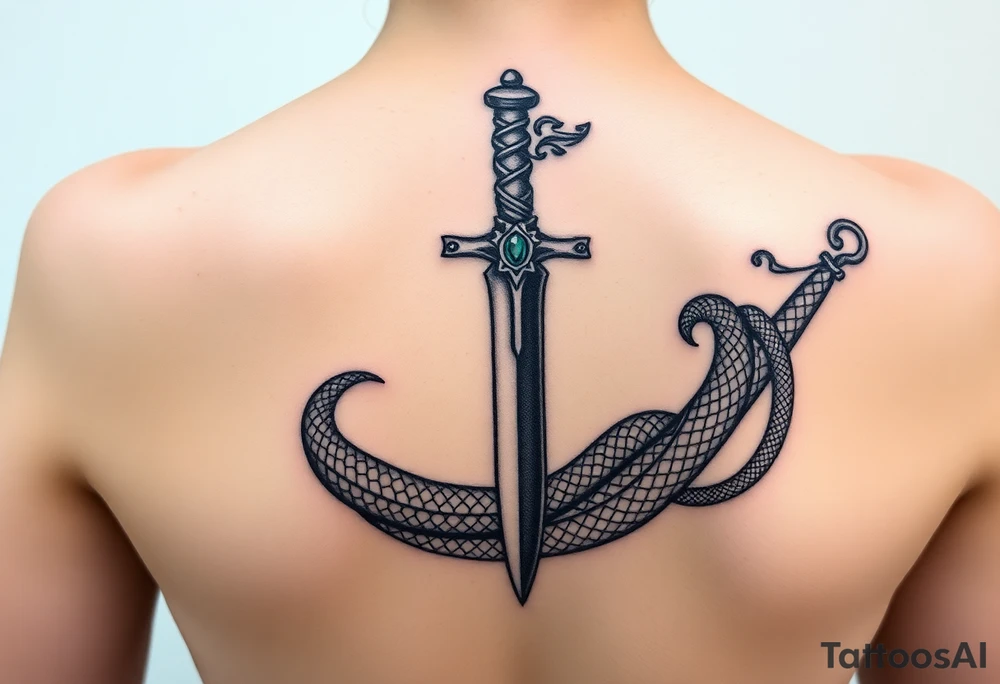 mystical snake coiled around an ancient dagger with jeweled hilt tattoo idea