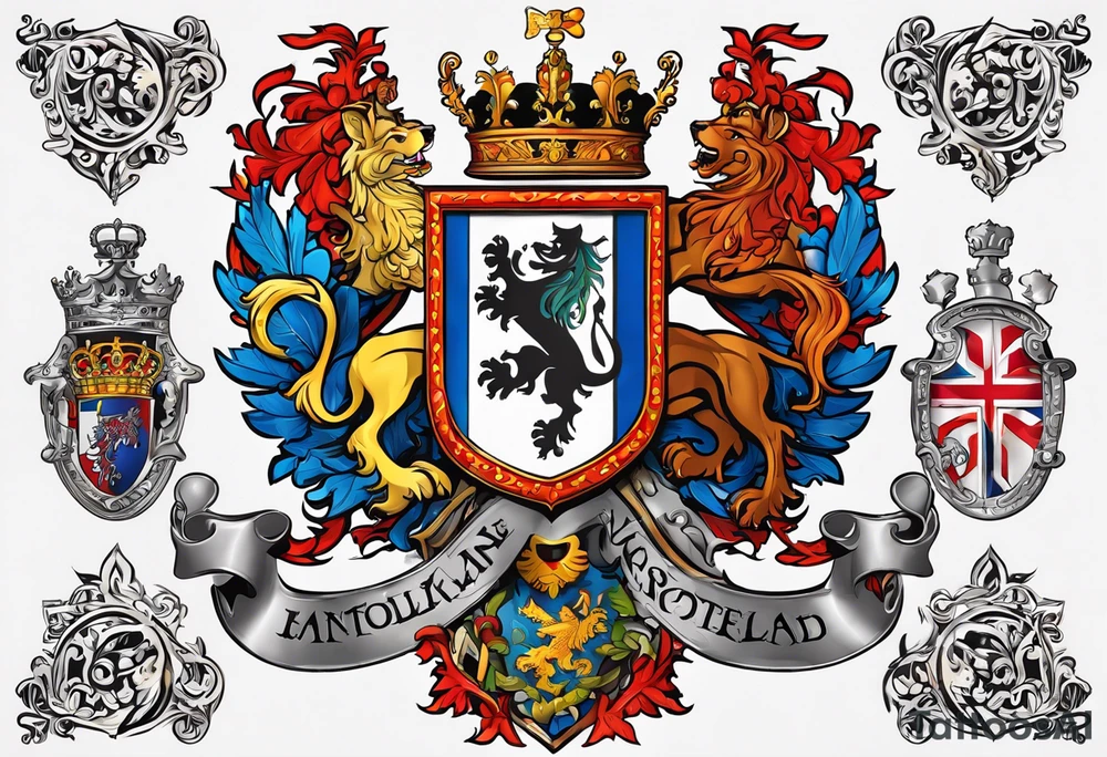 Merge the heraldic elements of england, northern ireland, ireland, scotland, wales, germany, croatia, serbia, slovakia, slovenia, and czech republic. tattoo idea