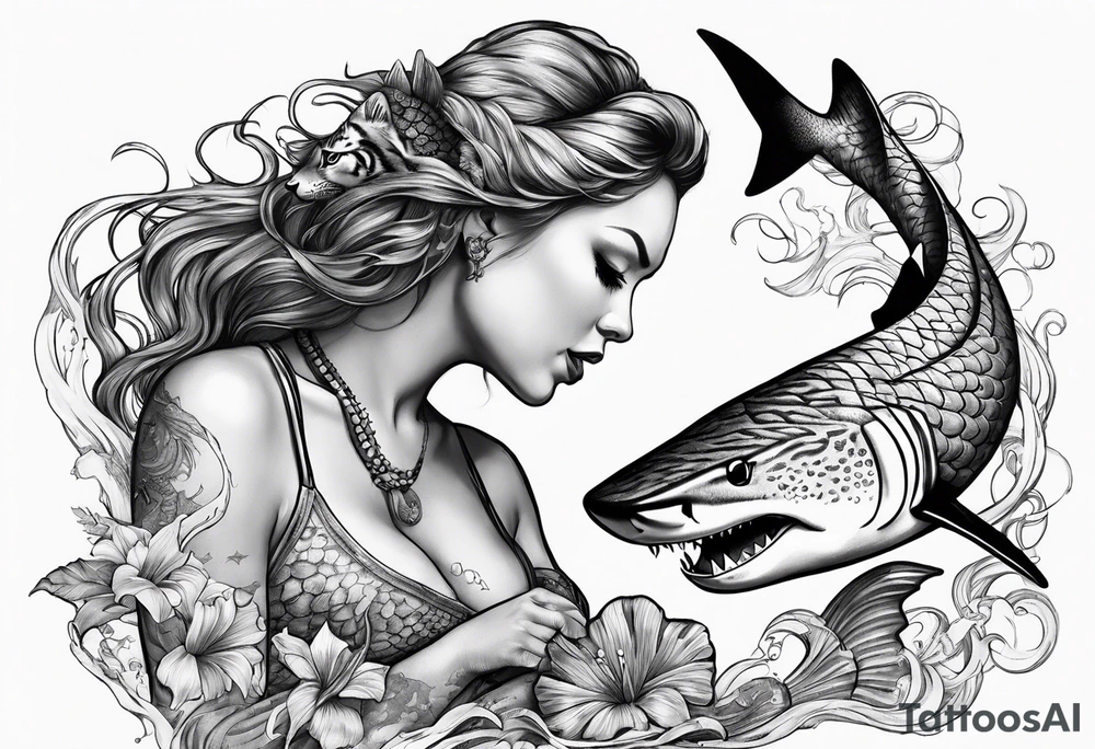 Mermaid feeding a tiger shark tattoo idea
