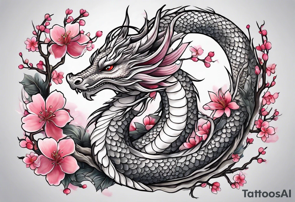 Delicate feminine dragon intertwined in cherry blossom tattoo idea