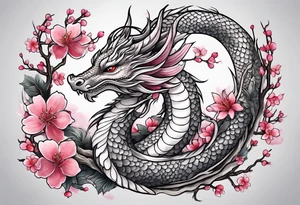 Delicate feminine dragon intertwined in cherry blossom tattoo idea