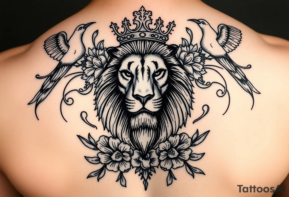 powerful majestic lion with a crown, surrounded by floral ornaments and birds tattoo idea