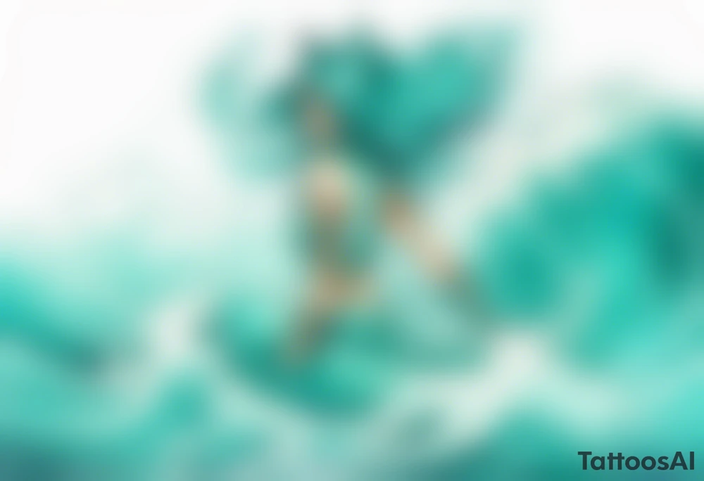 a beautiful turquoise catgirl emerging from an ocean wave, crashing onto the shore tattoo idea