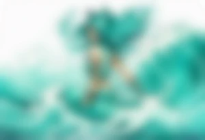 a beautiful turquoise catgirl emerging from an ocean wave, crashing onto the shore tattoo idea