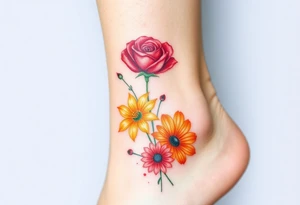 a colorful, vibrant, watercolor tattoo with one red rose, one orange lily, one gold marigold, and one orange cosmos flower and with splashes of color tattoo idea