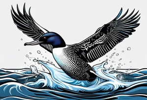 A North American common loon looking majestic as it spreads its wings in the water. On the mid-upper thigh. It should be a vertical tattoo and head on of the loon. tattoo idea