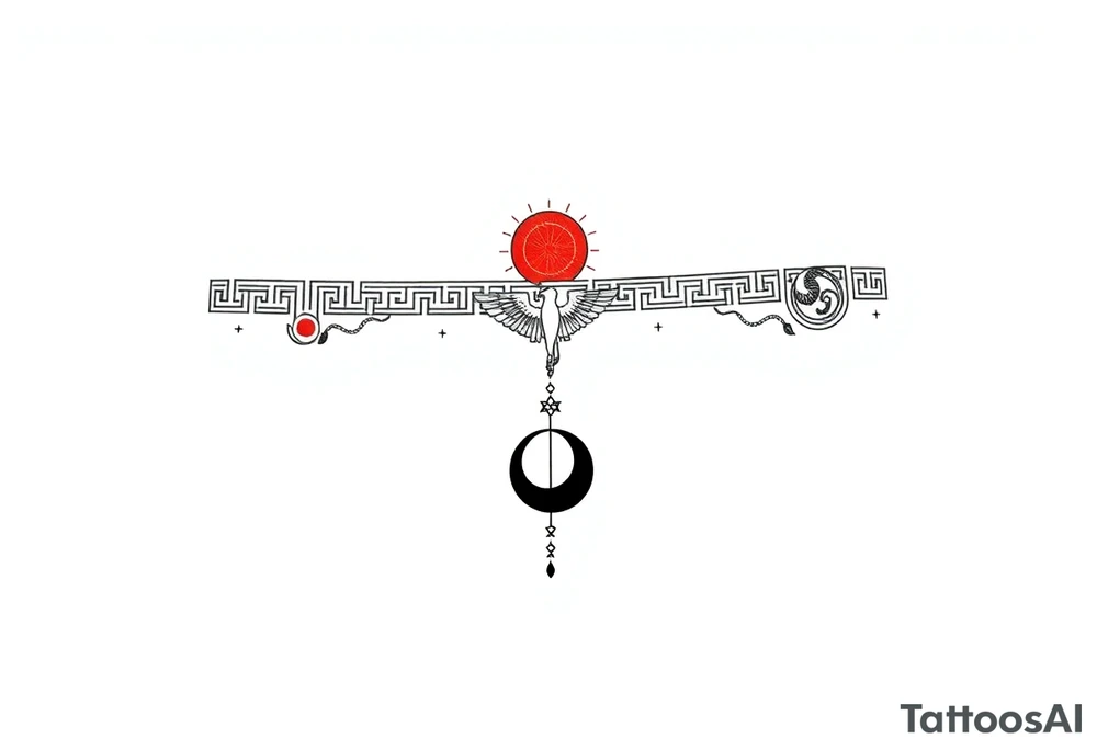 "Ultra-thin black and red line art tattoo band (ratio 10:1), seamless wrap-around forearm design.  
Main pattern: Greek meander (key pattern) as a single continuous line with sharp angles.  
Integrated symbols (minimalist, no realism):  
- Top edge: Red sun (◍) and phoenix (〉〉〉) as part of the meander.  
- Bottom edge: Black moon (◑) and ouroboros snake (⸙⸙).  
- Hidden: Alien glyph (△◯△) near moon, Bagua trigrams (☲) in corners.  

Style: Pure line art, 1px thin lines, dotwork accents. No shading, no background, no disconnected elements.  
Technical: Perfectly repeatable pattern, 360° seamless connection." tattoo idea