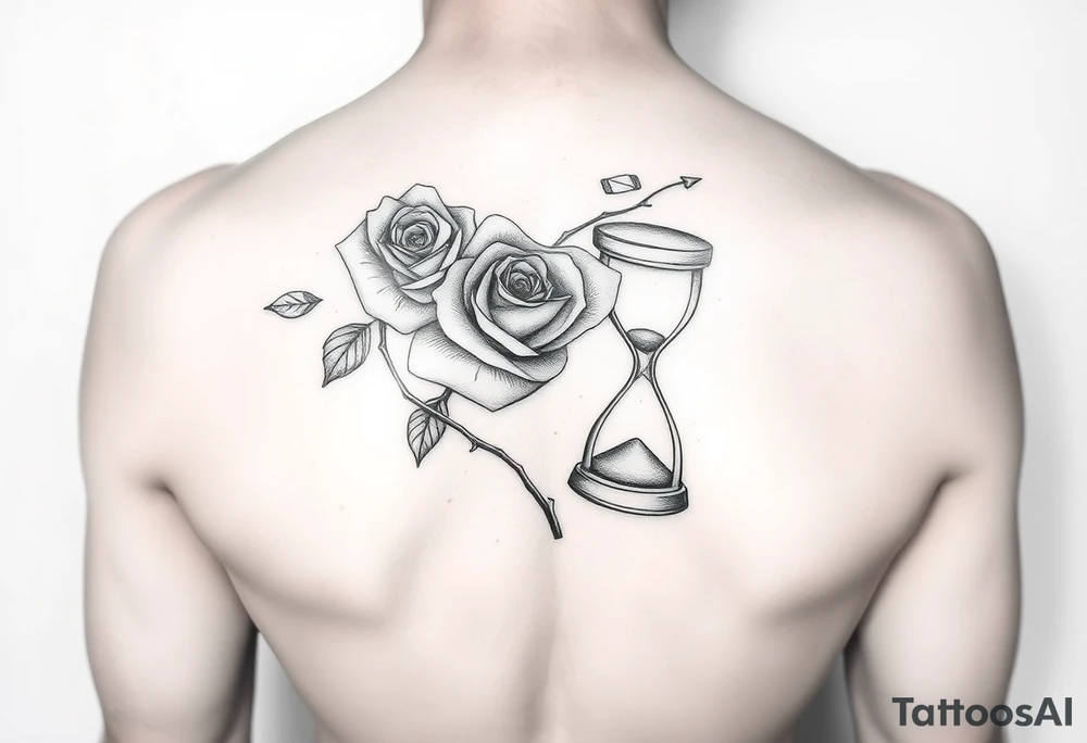 Arose in the shape of a heart with pieces of the Rose blowing away in the wind and the other half an hourglass with the sand out of time black and white feminine tattoo idea