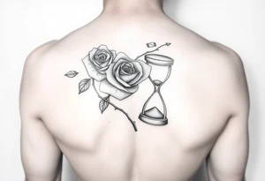 Arose in the shape of a heart with pieces of the Rose blowing away in the wind and the other half an hourglass with the sand out of time black and white feminine tattoo idea