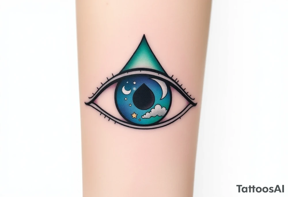 Large outline of an almond shaped eye with a spade inside as the eyeball colored greenish blue with a crescent moon stars and clouds inside vivid colors blue green purple tattoo idea