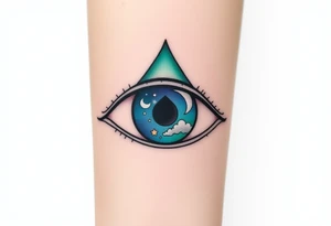 Large outline of an almond shaped eye with a spade inside as the eyeball colored greenish blue with a crescent moon stars and clouds inside vivid colors blue green purple tattoo idea
