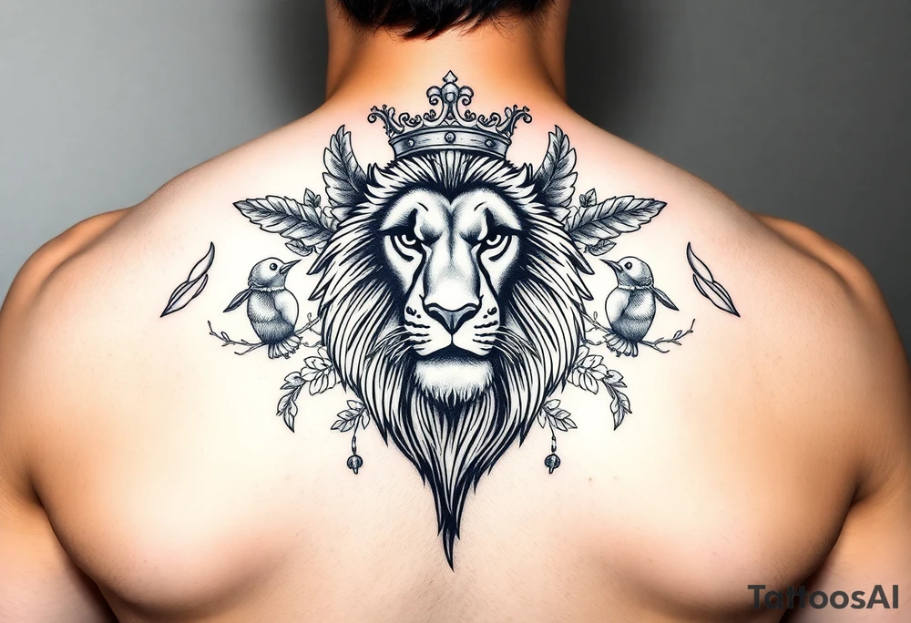 powerful majestic lion with a crown, surrounded by floral ornaments and birds tattoo idea