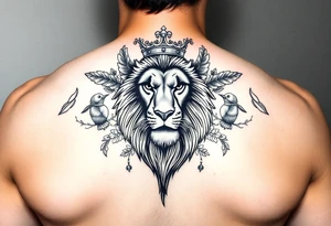 powerful majestic lion with a crown, surrounded by floral ornaments and birds tattoo idea