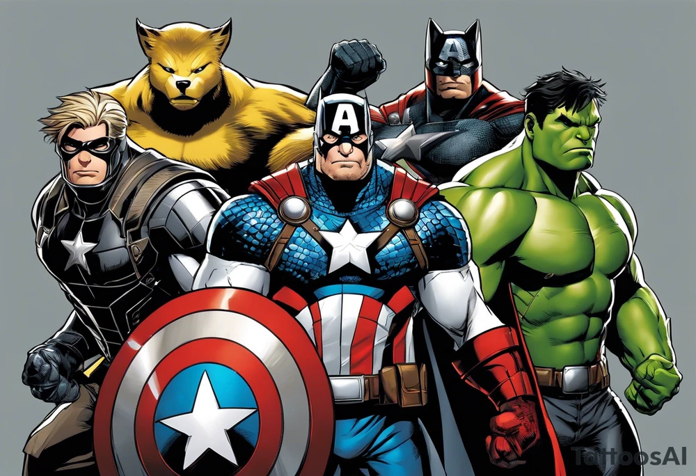 A super hero team which is combination of animals. For example:
Hulk will be represented by a Badger.
Thor will be depicted as an Alpha Grey Wolf.
Captain America will be symbolized by a Bull.
Iron Man's character will be embodied by a Canary.
Black Widow's role will be portrayed by an Axolotl.
Hawkeye will be depicted as a Sudan Plated Lizard.
Nick Fury will be represented by a Cat. tattoo idea