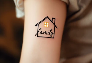 word family inside a house silhouette, with warm golden light from the windows. tattoo idea