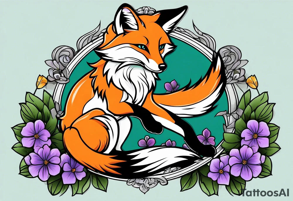 Neo traditional fox with violets and teal frame tattoo idea