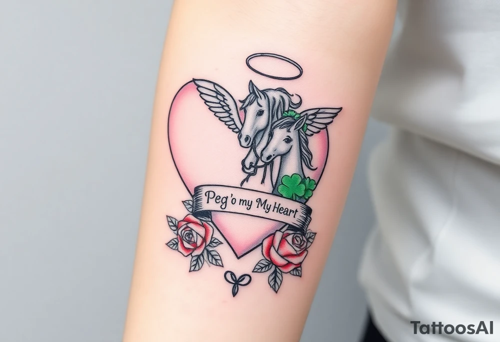 a big pale pink heart and a mare with wings and a halo and a colt with a bunch of green shamrocks, and red roses with a banner across the heart that says Peg 'o My Heart tattoo idea