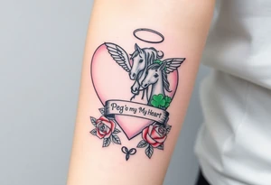a big pale pink heart and a mare with wings and a halo and a colt with a bunch of green shamrocks, and red roses with a banner across the heart that says Peg 'o My Heart tattoo idea