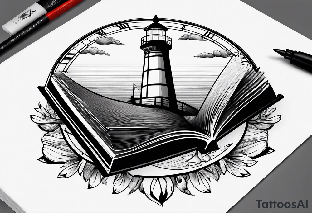 minimalist "open book" with a lighthouse in the middle and a clock tattoo idea minimalist "open book" with a lighthouse in the middle and a clock tattoo idea