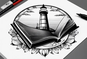 minimalist "open book" with a lighthouse in the middle and a clock tattoo idea