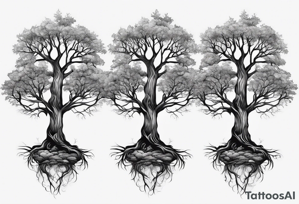 3 Forest trees growing out of the same root tattoo idea