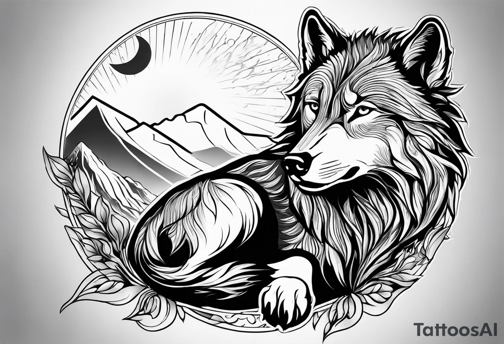 strength, small, sitting young wolf, elegant, sun, lenghty tattoo idea