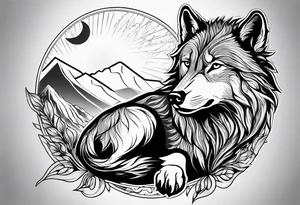strength, small, sitting young wolf, elegant, sun, lenghty tattoo idea