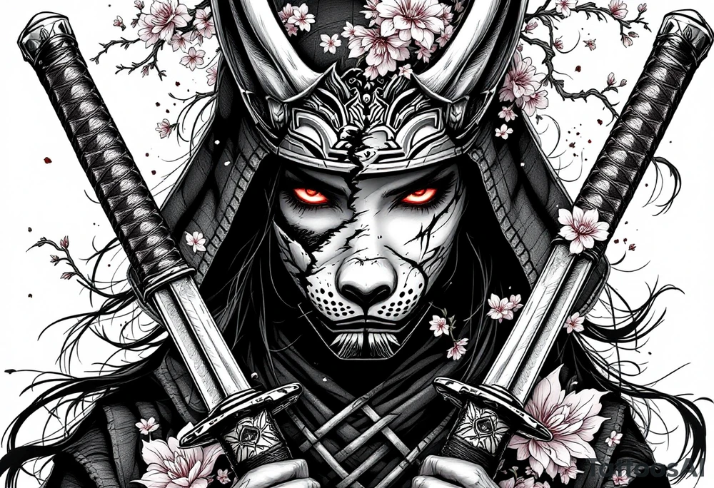 Woman samurai with red eyes wearing an half and broken kitsune mask, holding 
two katanas and Sakura flowers ornement tattoo idea