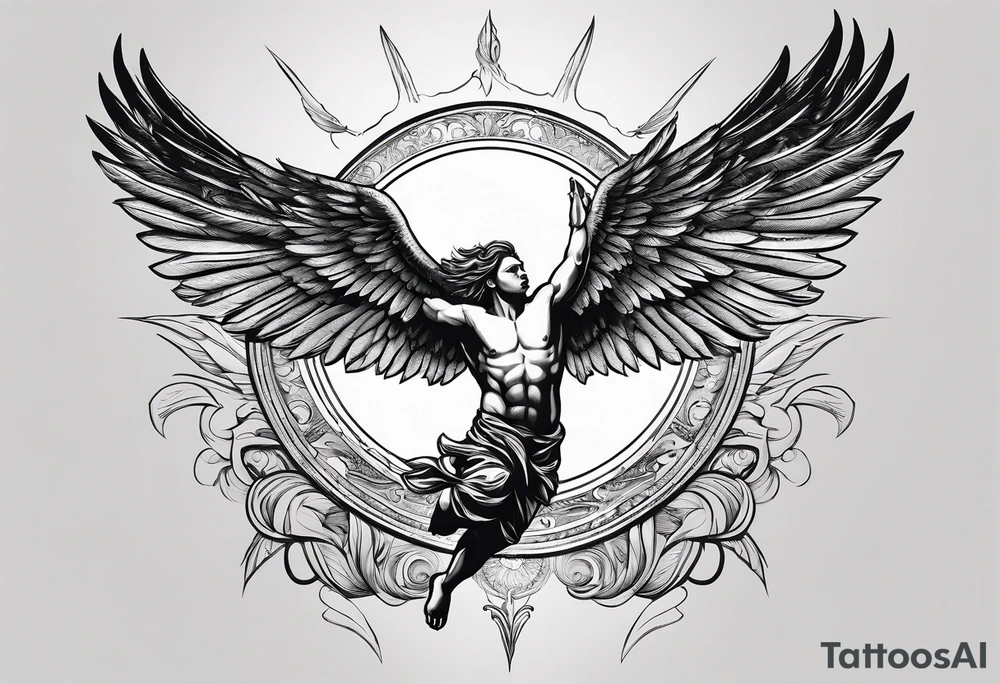 The man Icarus falling down from the sky with feathered wings with the sun up high tattoo idea