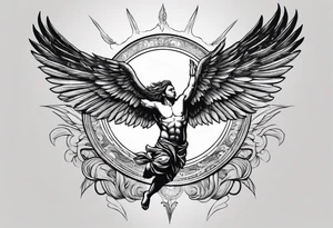 The man Icarus falling down from the sky with feathered wings with the sun up high tattoo idea