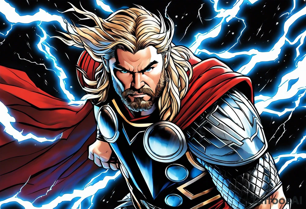 The Mighty Thor  with lightning in the background tattoo idea