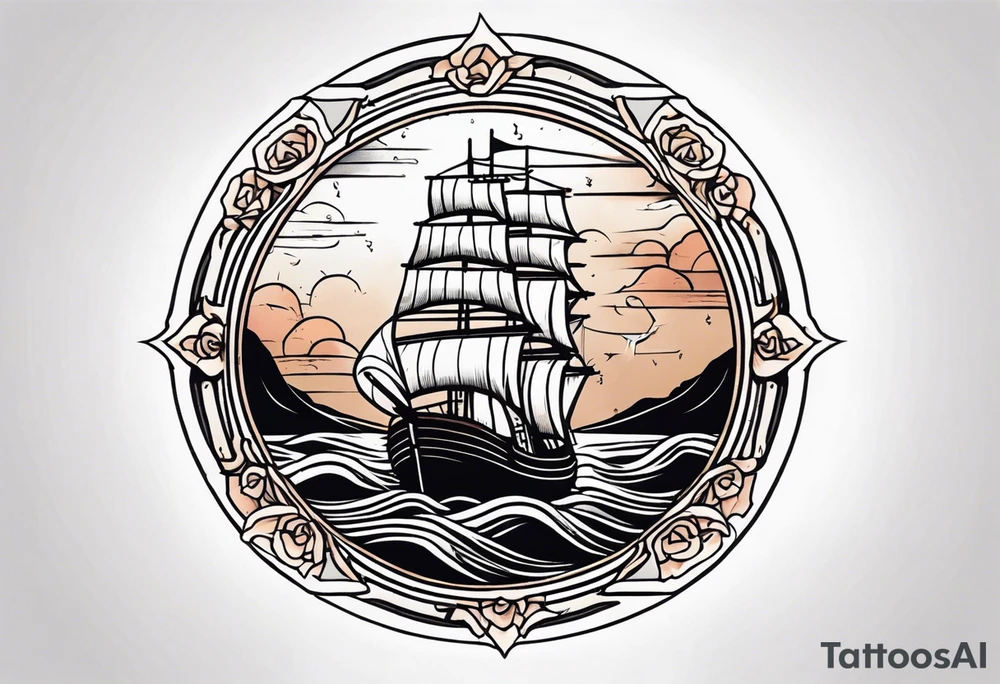 Old man turning ships that looks like a compas rose wheel in a storm tattoo idea