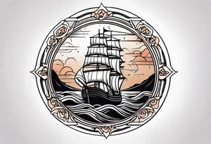 Old man turning ships that looks like a compas rose  wheel in a storm tattoo idea