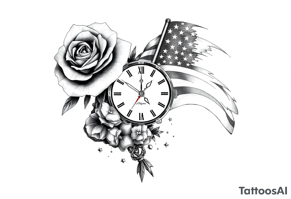 grafica realistica con una rosa, un orologio, una fenice ultra realistica e la bandiera americana tattoo idea