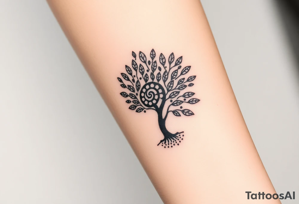 Fibonacci spiral shell on side of base of tree full of lots of leaves tattoo idea