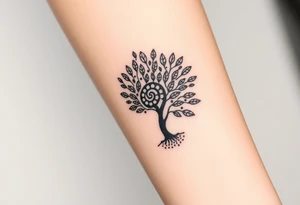 Fibonacci spiral shell on side of base of tree full of lots of leaves tattoo idea