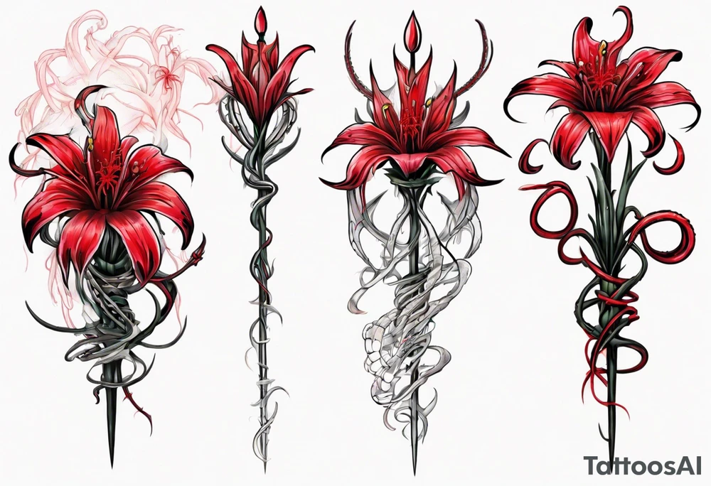 Red spiked spider lily a snake wrappes around the stem of the flower. tattoo idea
