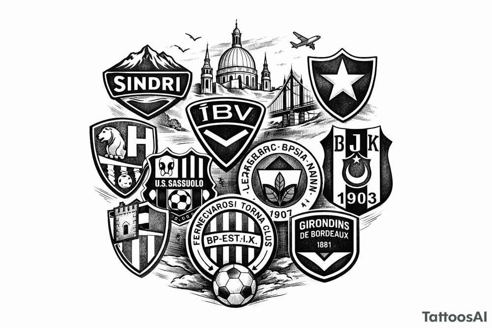 Iceland x3 (sindri, ibv, stjarnan)
Italy x2 (Verona, Sassuolo)
Spain (Logrono) 
Turkey x2 (Fenerbahce, Besiktas)
Hungary (Fradi)
France (Bordeaux) Something small that contains these countries or clubs tattoo idea