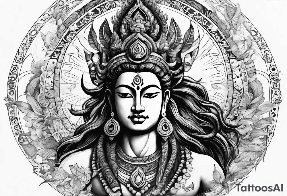 envision Shiva in a dynamic pose, surrounded by symbols representing adventure and karma, with flowing elements to signify your go-with-the-flow attitude. tattoo idea