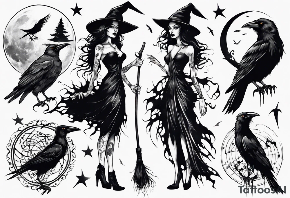 a witch with crows in black and white tattoo idea