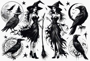 a witch with crows in black and white tattoo idea