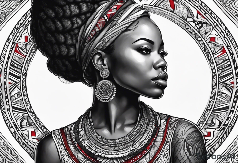 exu africano realista em preto e cinza com tons de vermelho tattoo idea