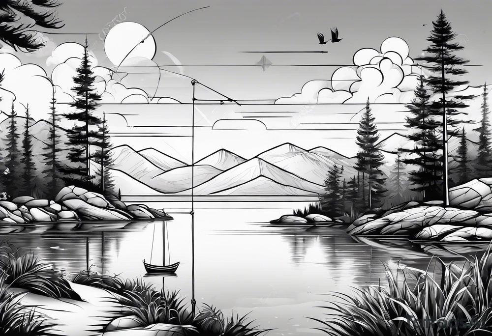 landscape and fishingpole and line with hook tattoo idea