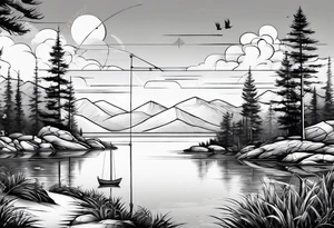 landscape and fishingpole and line with hook tattoo idea