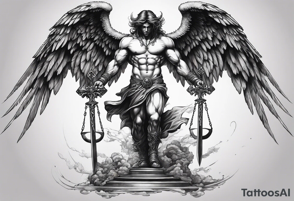 Blank muscular human angel being rising from the ground with one arm holding a balance scale and the other holding a sword. Very large angel/demon wings from each side of being. Powerful, dark, black and white tattoo idea