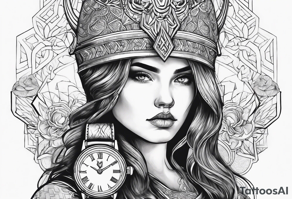 A girl with a viking cloud with a watch i her hand tattoo idea