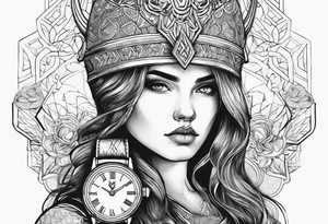 A girl with a viking cloud with a watch i her hand tattoo idea