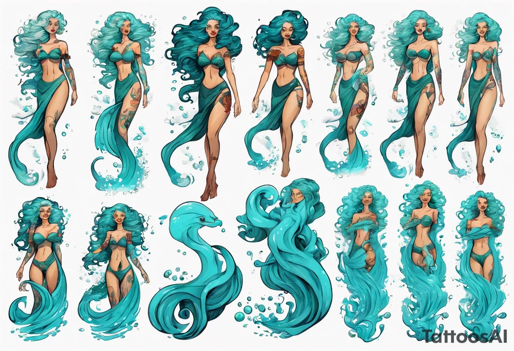 a tall woman made of water with turquoise hair riding the waves tattoo idea